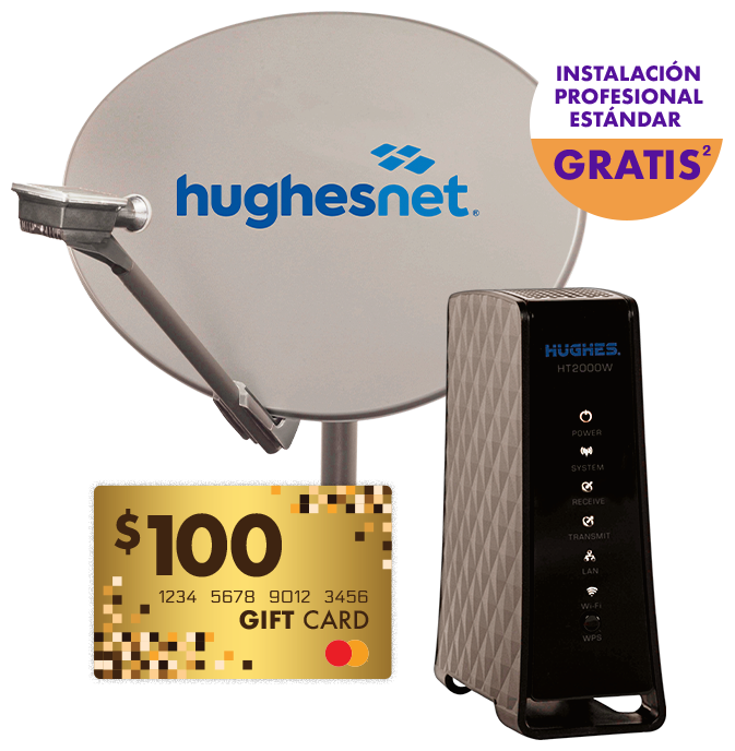 Antena y Modem WiFi Hughesnet con oferta $100 Gift Card e instalación gratis.